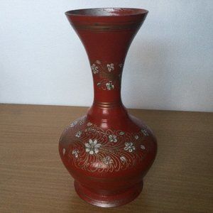 Vintage antique India metal vase red with flowers